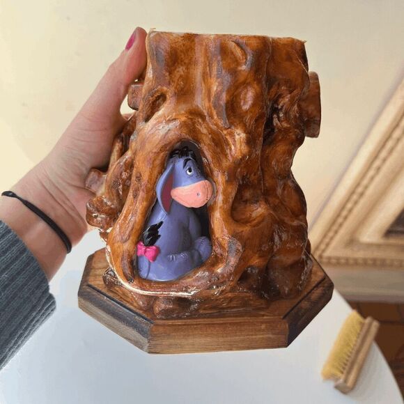 Vintage 90s Hand-Dipped Eeyore Tree Stump Candle on Wood Base Disney Decor - Picture 1 of 11